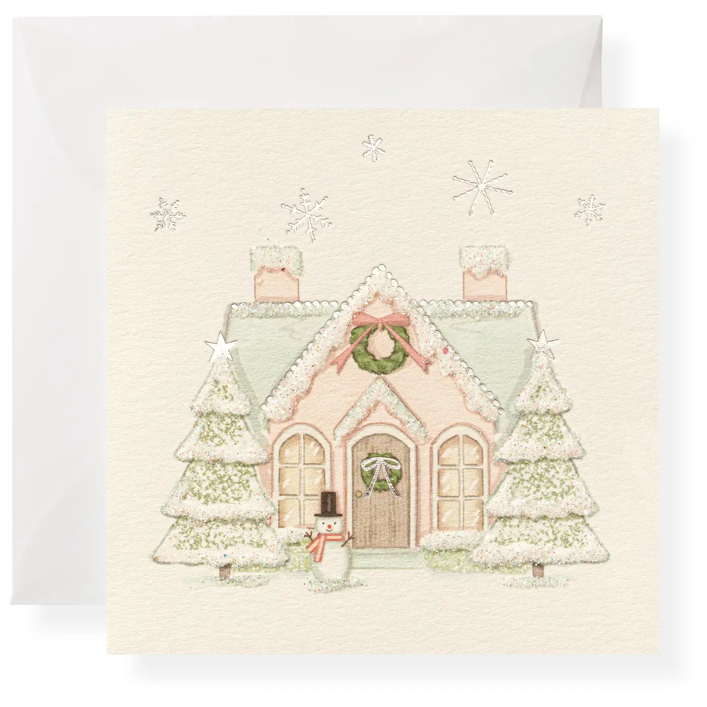 Holiday gift card with illustrated winter house and snowman, festive packaging for kids jewelry gifts