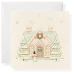 Holiday gift card with illustrated winter house and snowman, festive packaging for kids jewelry gifts
