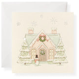 Holiday gift card with illustrated winter house and snowman, festive packaging for kids jewelry gifts