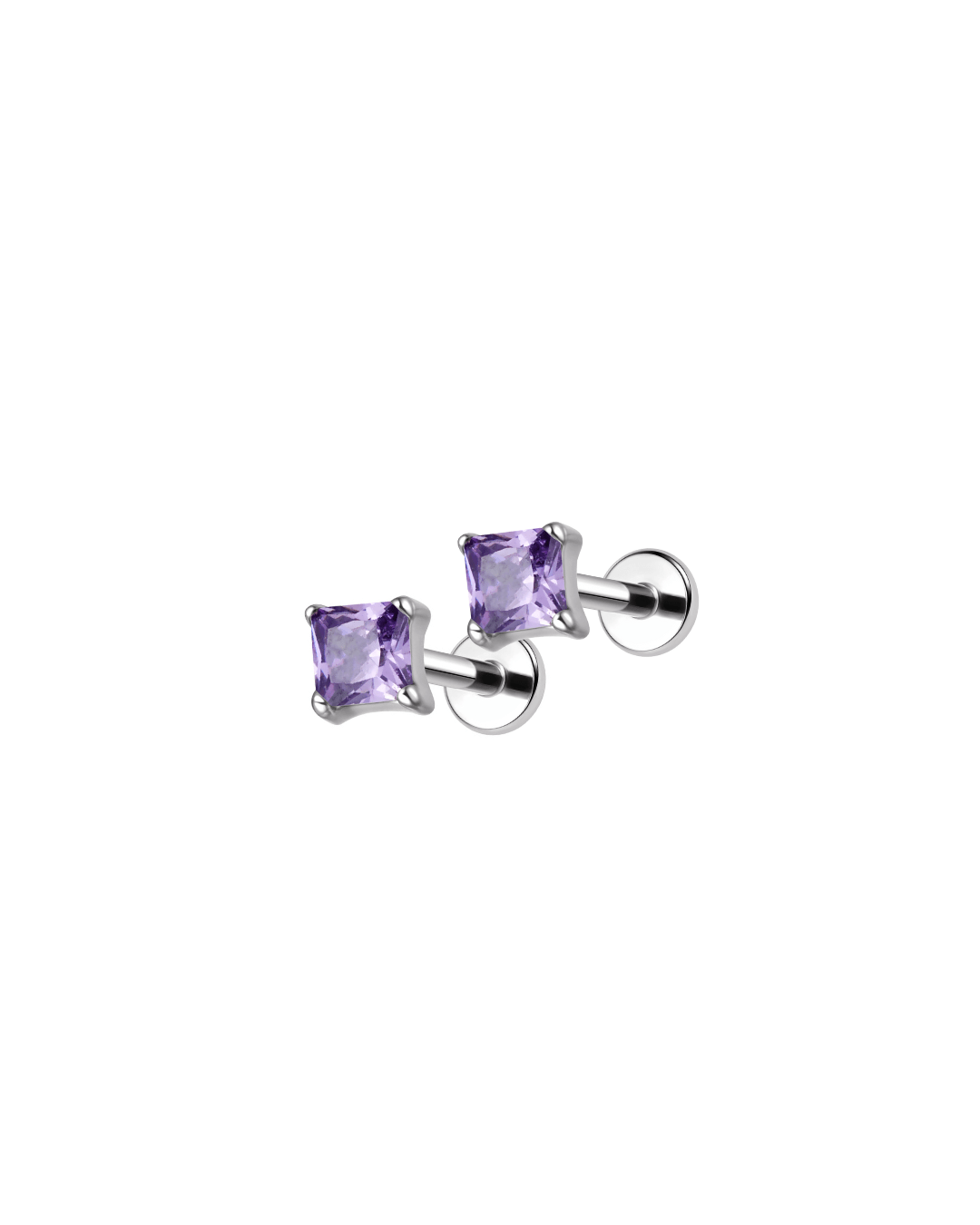 Purple zircon stud earrings for kids in titanium, flat back design made for everyday wear