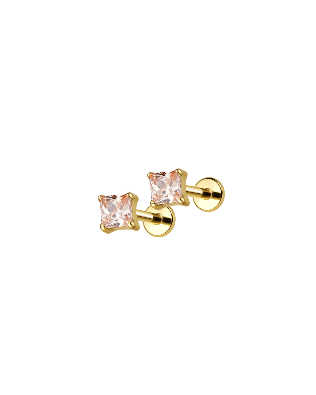 Champagne zircon stud earrings for kids in PVD gold titanium, flat back design made for everyday wear