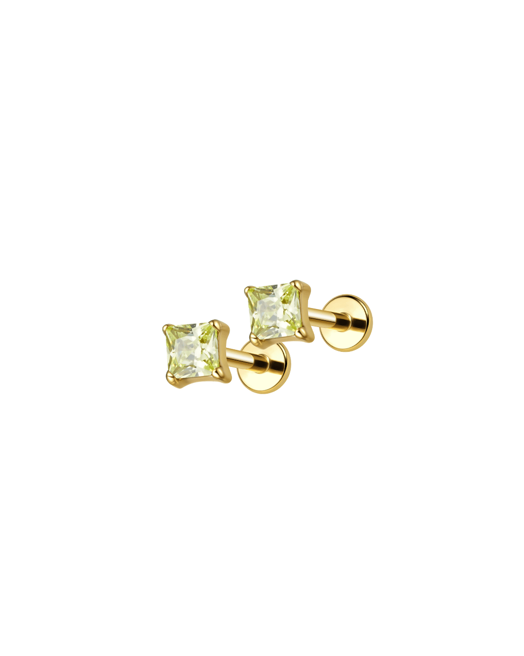Light green zircon stud earrings for kids in PVD gold titanium, flat back design made for everyday wear