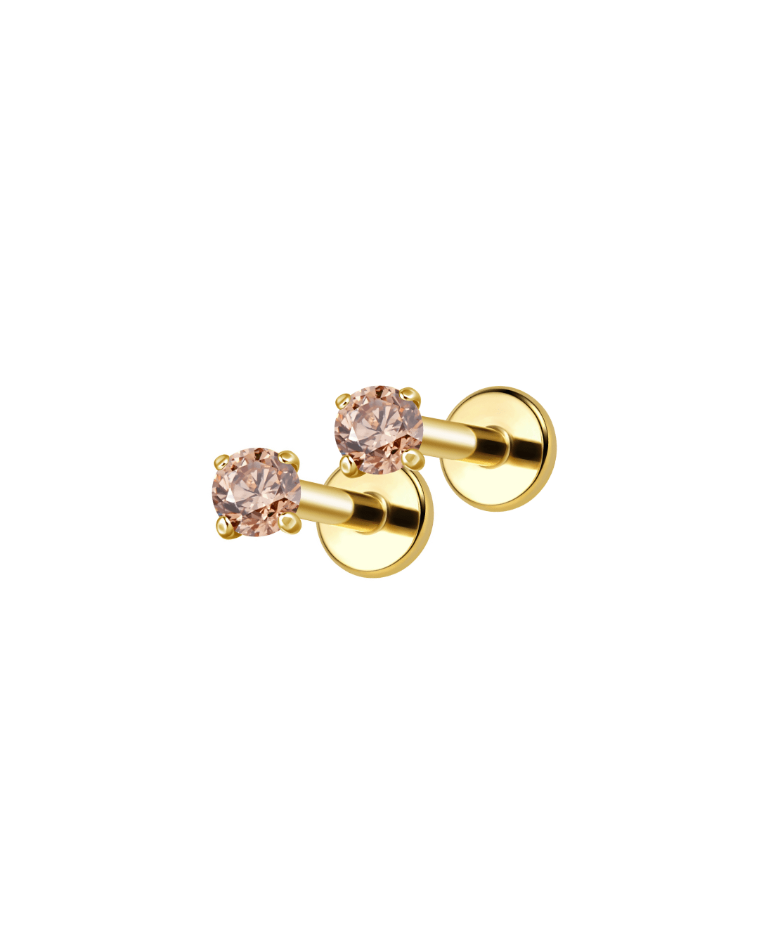 Champagne pink round zircon stud earrings for kids in PVD gold titanium, flat back design made for everyday wear