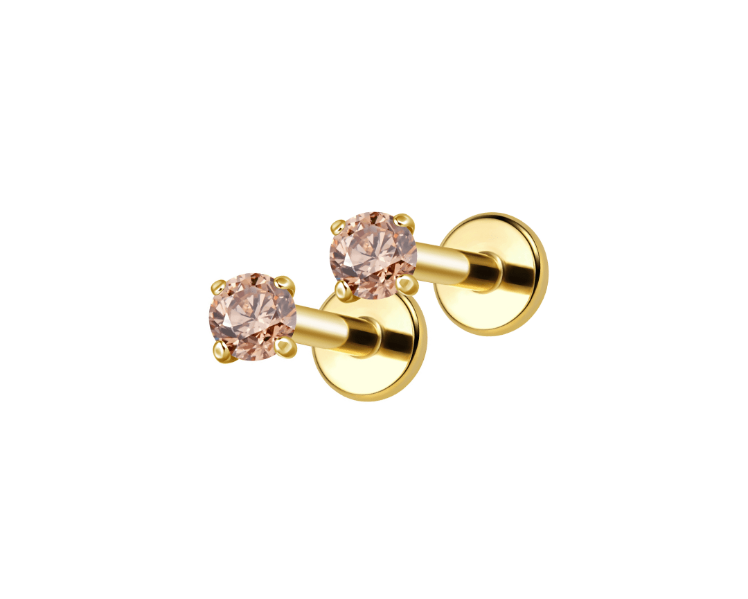 Champagne pink round zircon stud earrings for kids in PVD gold titanium, flat back design made for everyday wear