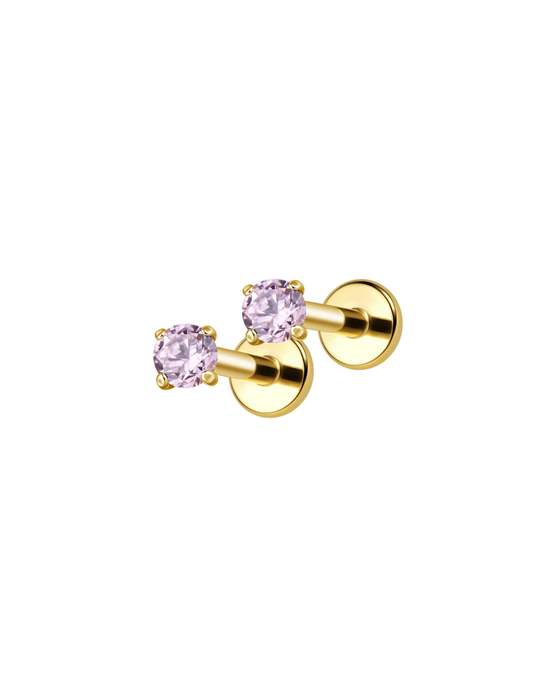 Pink round zircon stud earrings for kids in PVD gold titanium, flat back design made for everyday wear