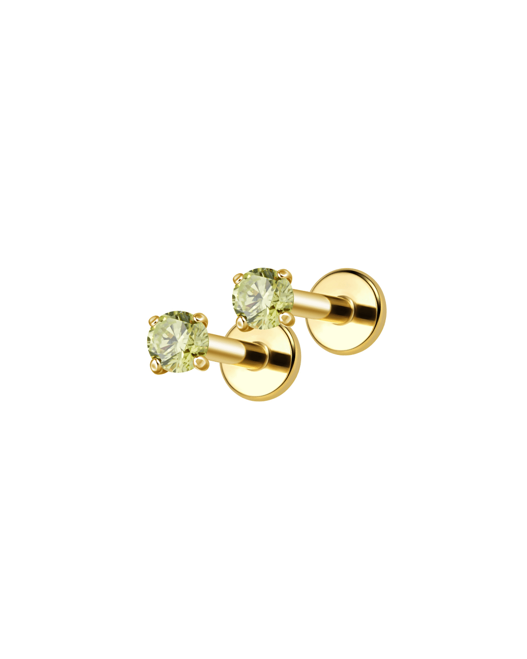 Light green round zircon stud earrings for kids in PVD gold titanium, flat back design made for everyday wear