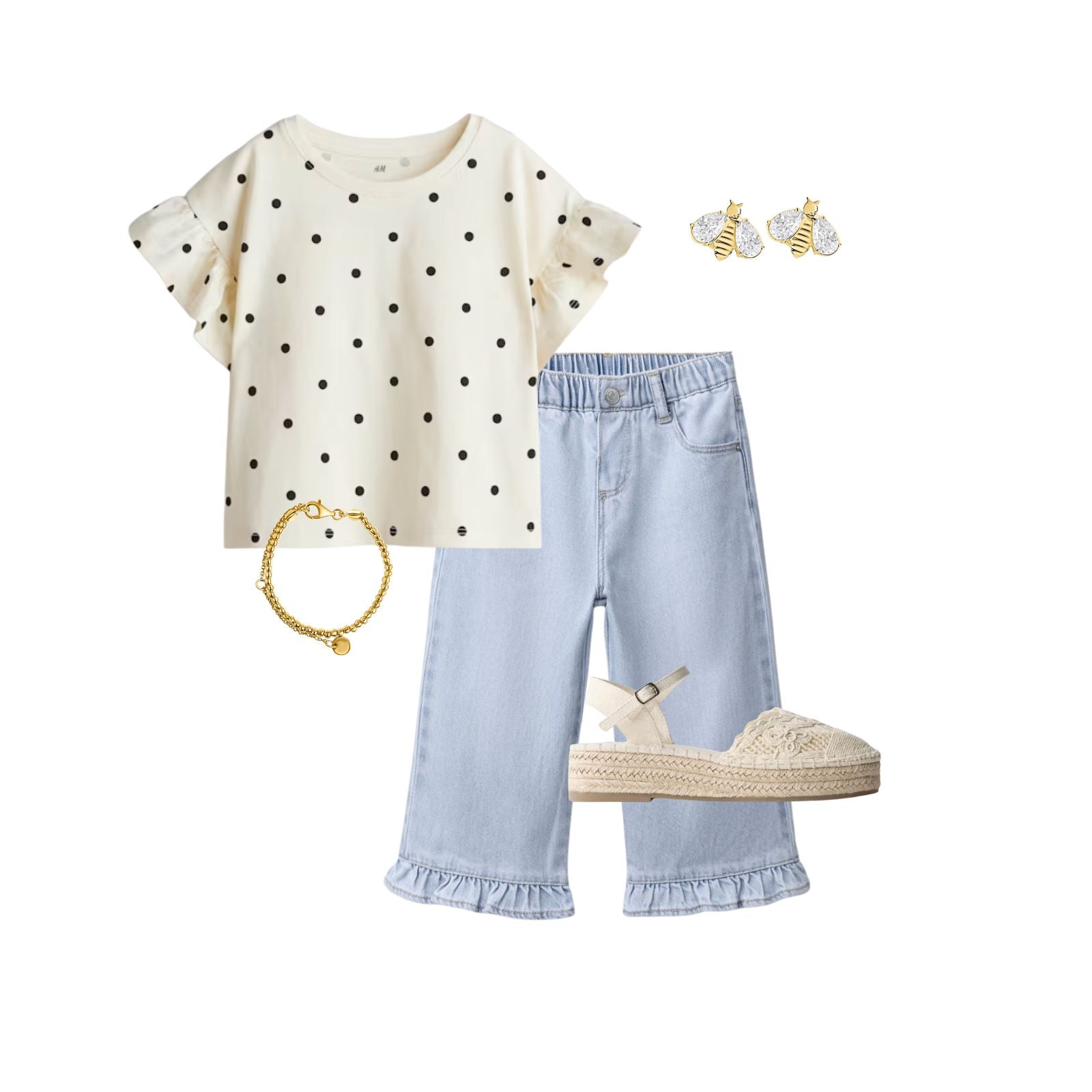 Polka dot spring outfit for girls with Goldy jewelry