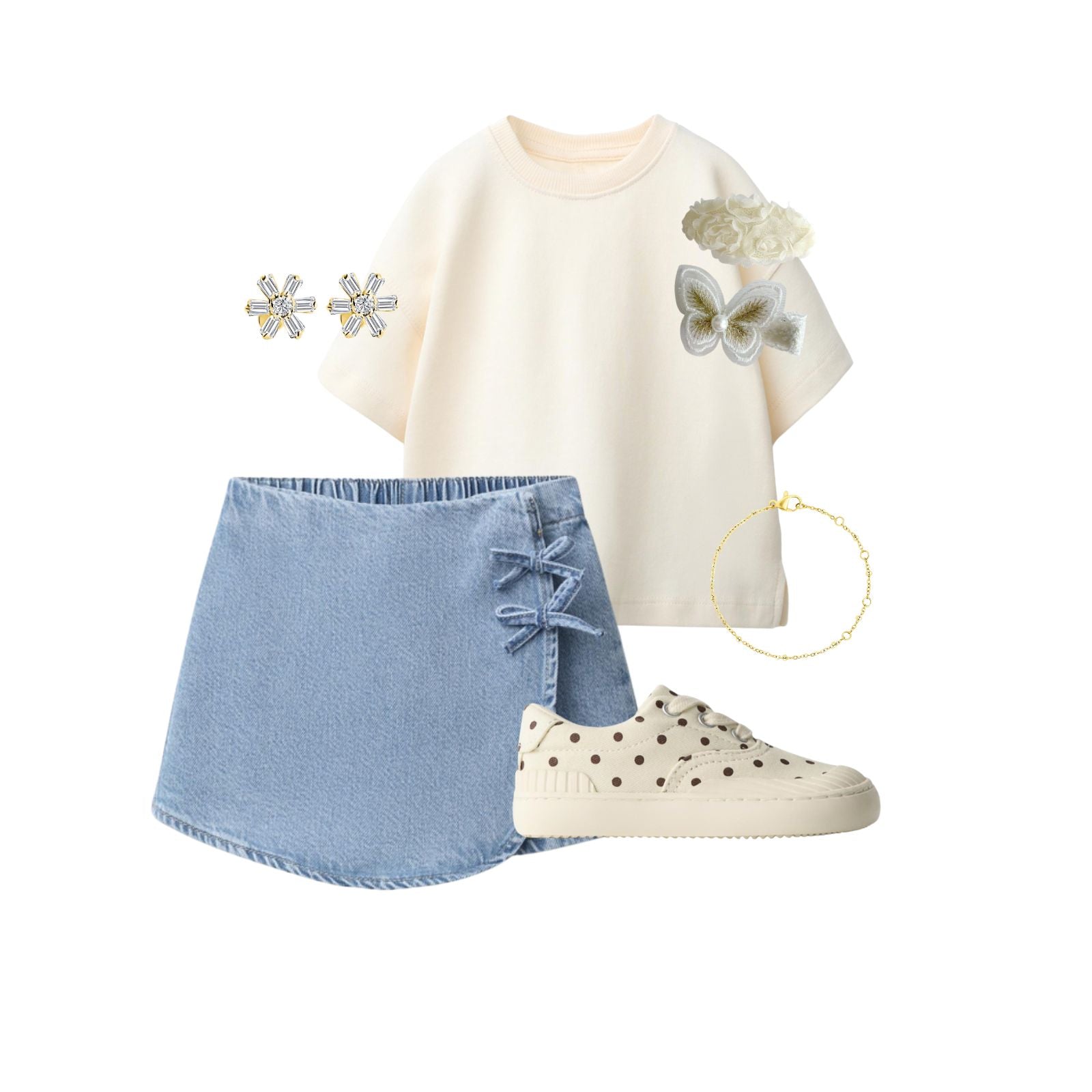 Spring girls outfit with denim skirt and Goldy jewelry