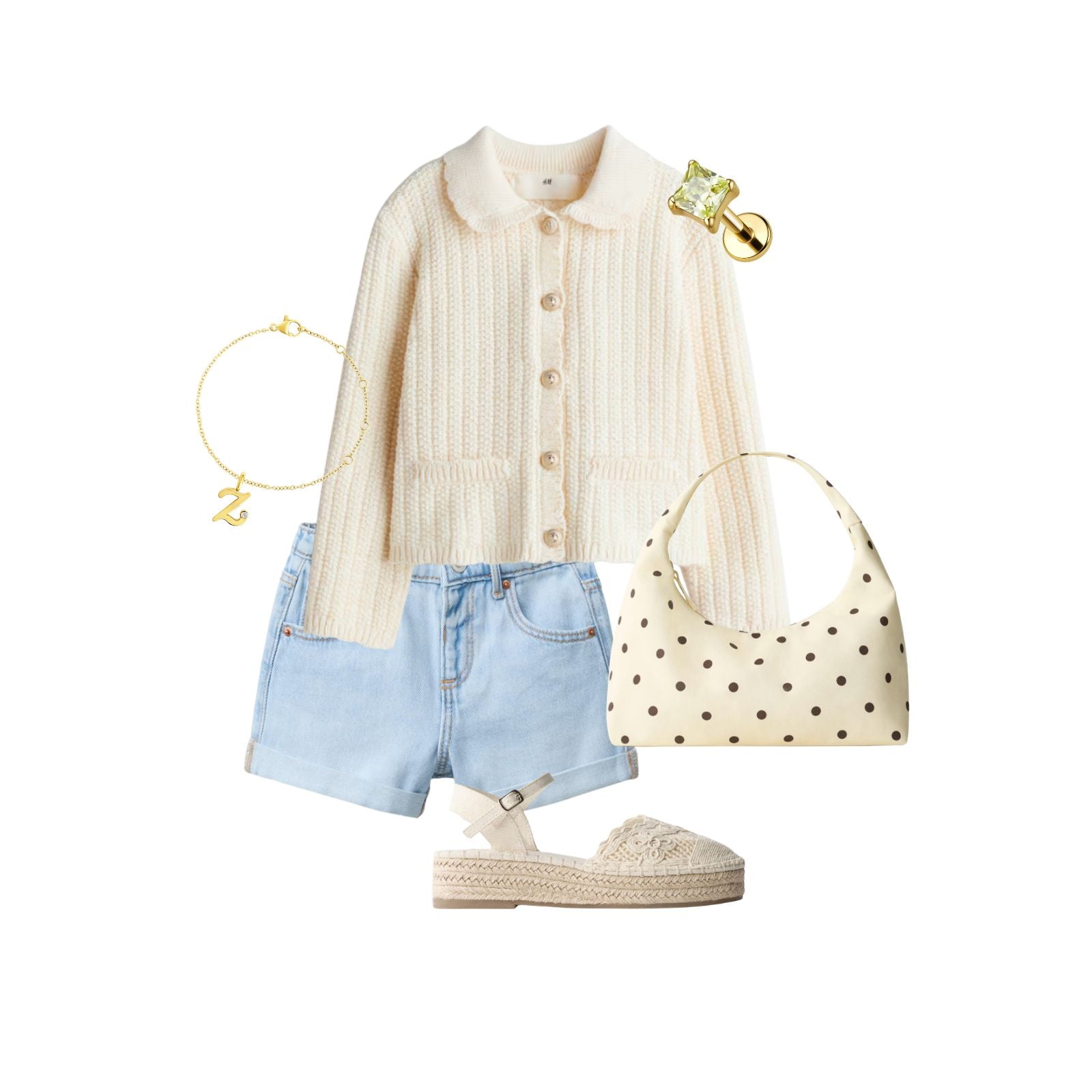 Spring outfit for little girl with cream cardigan, denim shorts and Goldy bracelet